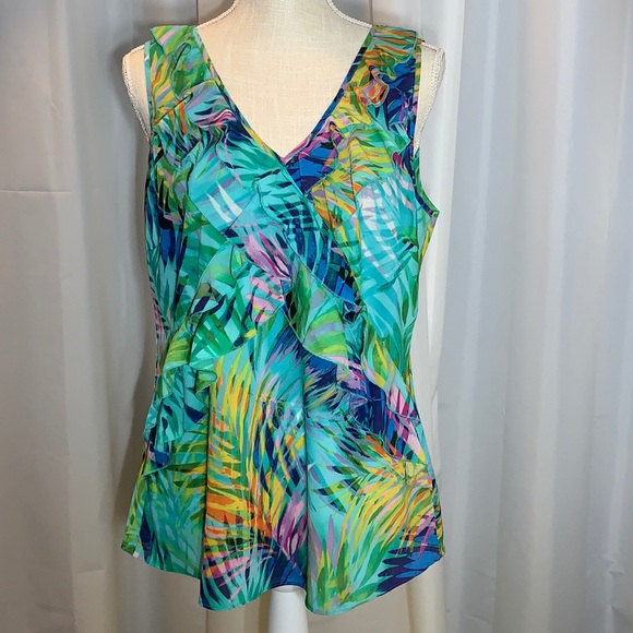 NWOT Tropical Print Tank with Ruffle Detail - Picture 1 of 8